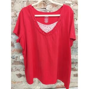 Basic Editions Womens T-Shirt Plus Size 2X Red Floral Layered Look Short Sleeve